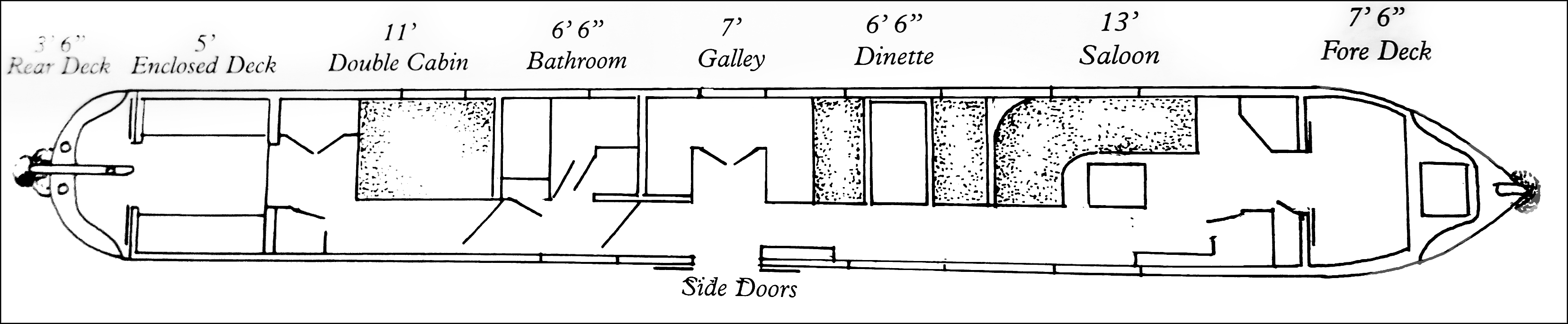 A plan of Vulcan, showing fore and aft decks, sleeping areas, seating areas, washroom, and kitchen.
